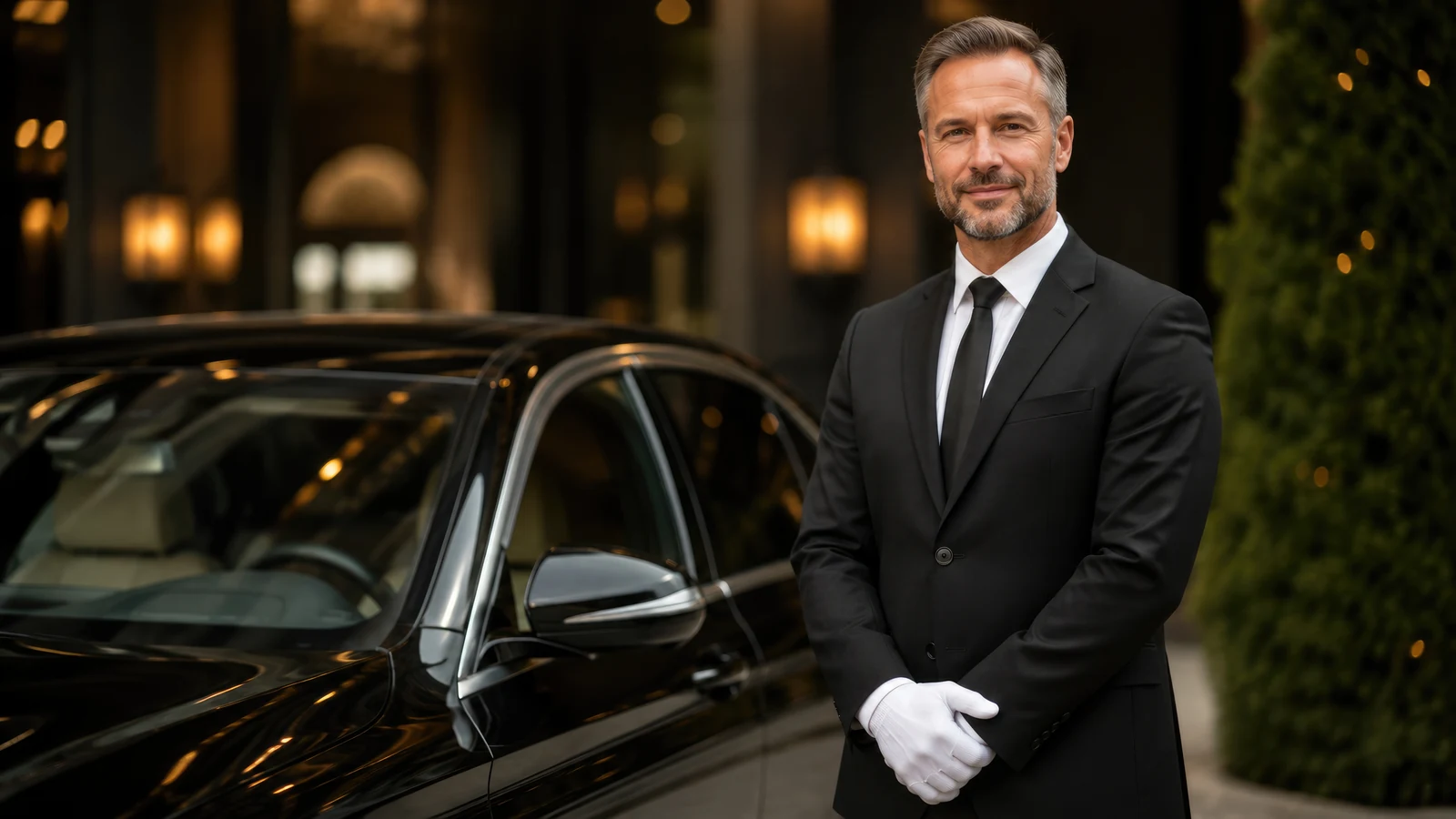Smiling chauffeur in a dark suit and white gloves standing beside a black sedan outside a hotel at night