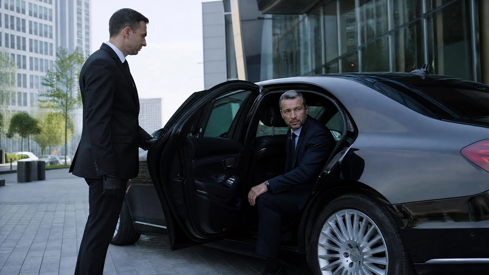 Chauffeur holding the rear door of a black sedan for a businessman outside a modern office building
