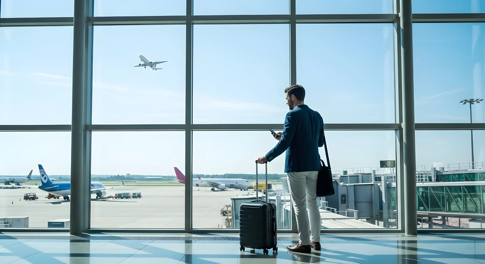 Business traveller with a suitcase watching a plane take off through an airport terminal window