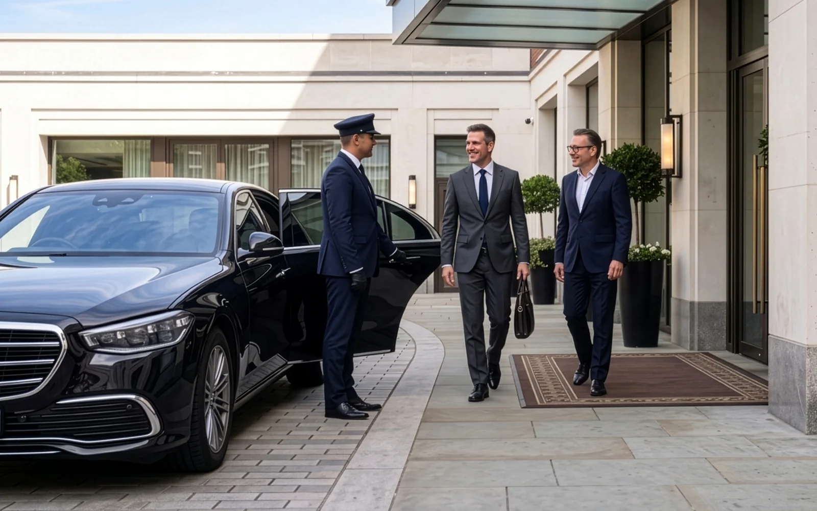 Chauffeur holding the rear door of a black Mercedes-Benz as two executives walk out of a hotel