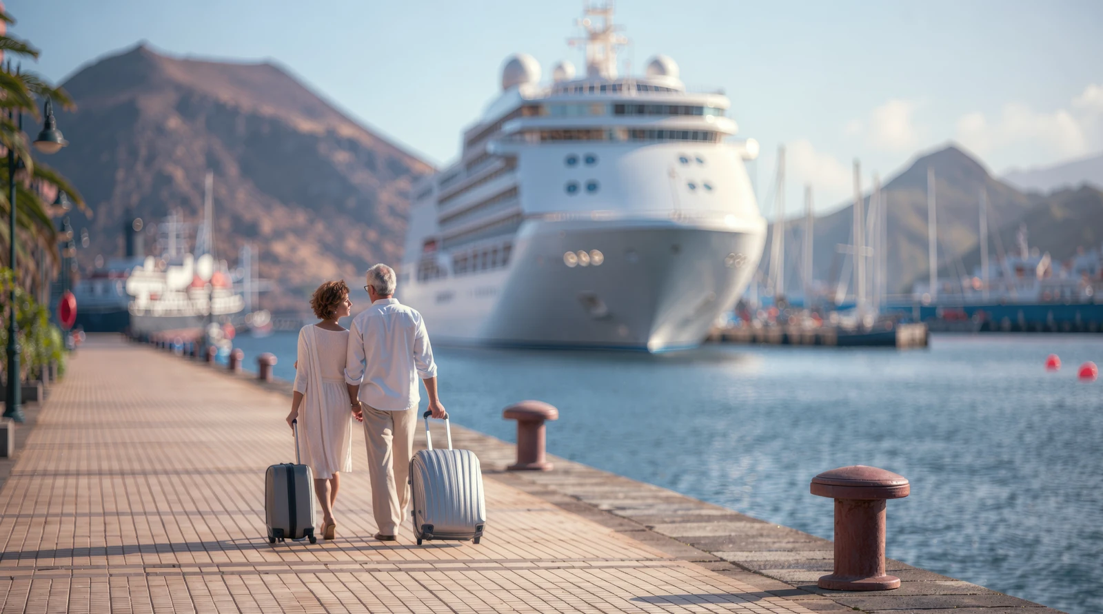Couple with suitcases walking along a pier towards a cruise ship