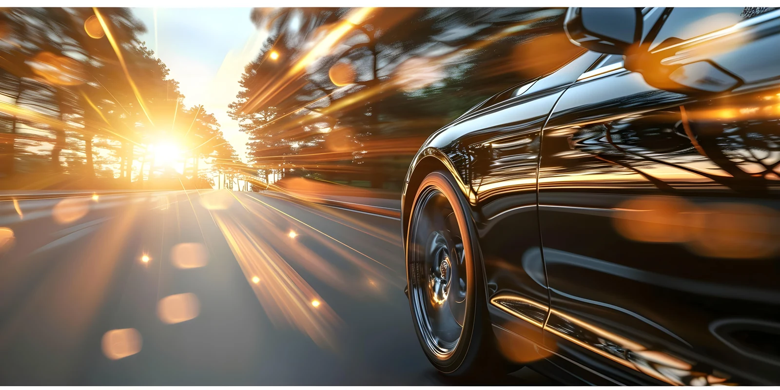 Black luxury car driving along a tree-lined road towards the setting sun