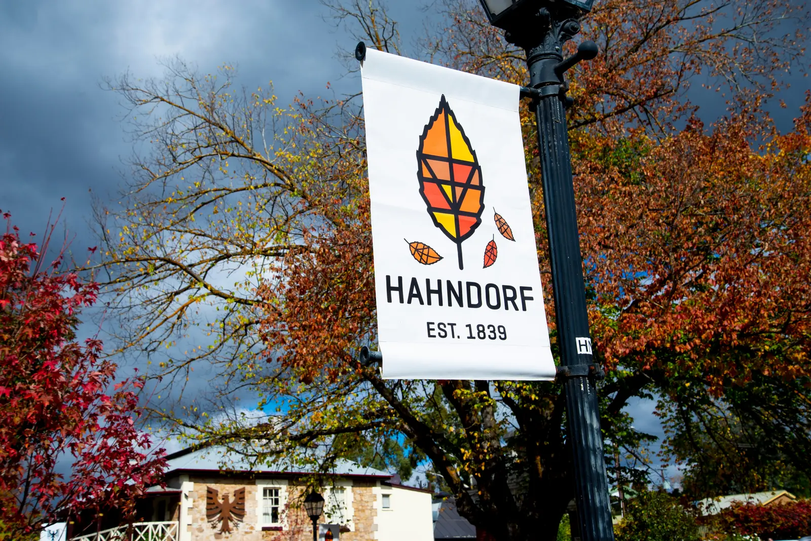 Hahndorf main street banner among autumn trees in the Adelaide Hills