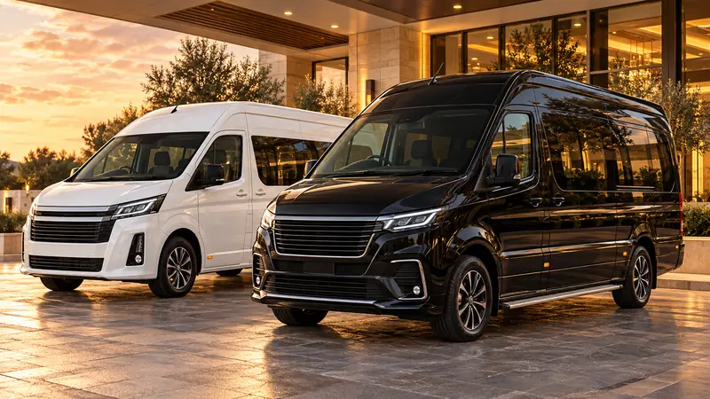 Two executive minibuses, one white and one black, at a hotel entrance for group transfers.
