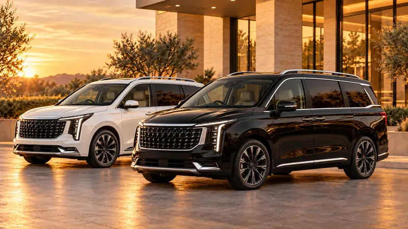 Two premium people movers, one white and one black, at a venue entrance.