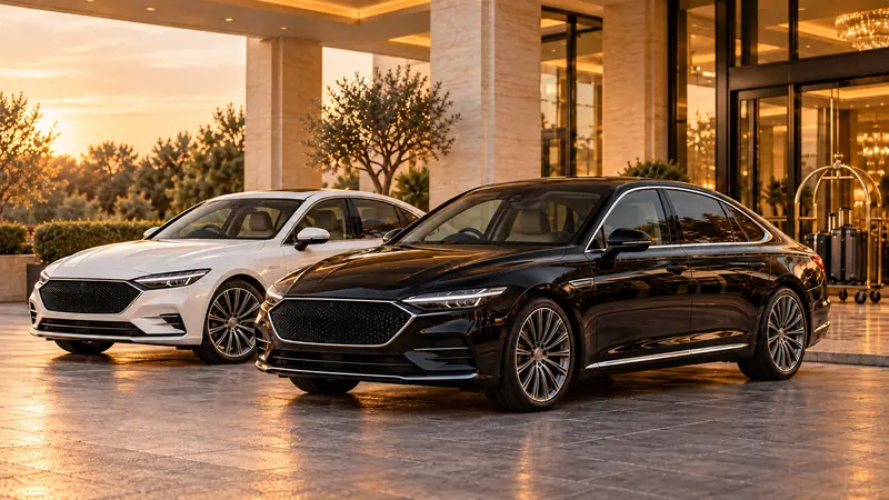 Two luxury executive sedans, one white and one black, at a hotel entrance.