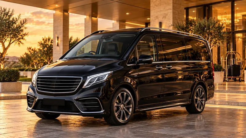Black Mercedes-Benz V-Class luxury people mover at a hotel entrance.