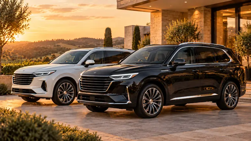 Two large premium SUVs, one white and one black, at a country estate.