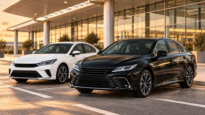 Two standard sedans, one white and one black, at an airport drop-off.