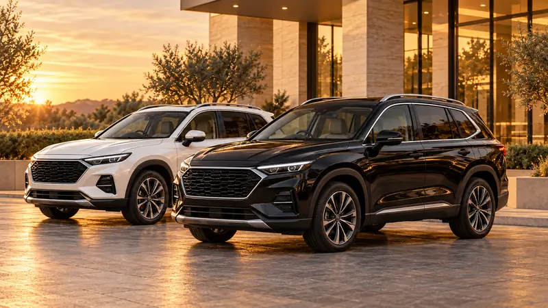 Two mid-size SUVs, one white and one black, at a modern office forecourt.